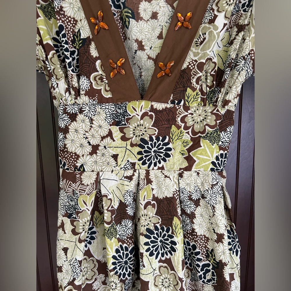 Y2K MAGIC Babydoll Brown Floral Beaded Dress Fairy Grunge Retro Indie Boho Sz S - Picture 8 of 16